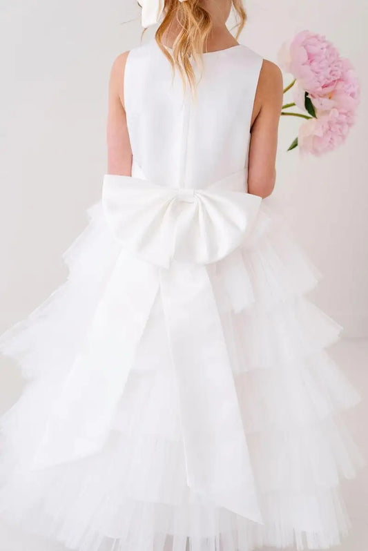 Vestido blanco para niña de flores para bebés, niñas y niñas, top sin mangas de satén y tul en capas con lazo grande en la espalda, vestido dulce