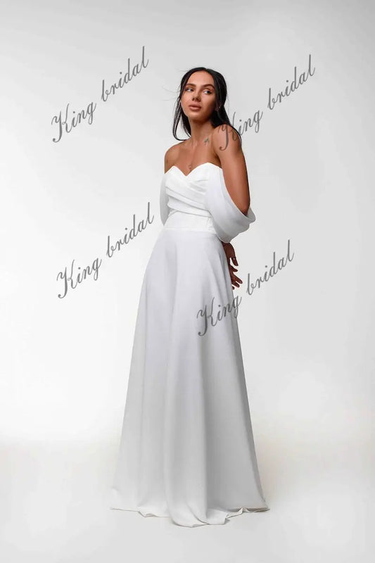 Vestido de novia minimalista de crepé, corte A, hombros descubiertos, falda de cola de organza, vestido de novia personalizado