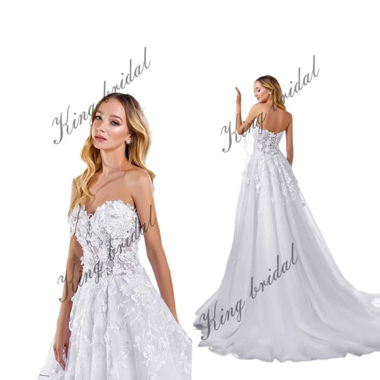 Benutzerdefinierte Blumenspitze Brautkleid A-Linie Tüll 3D Spitze Brautkleid Off the Shoulder Korsett Brautkleider Benutzerdefinierte Brautkleider