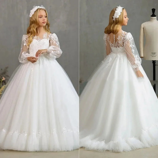 First Communion Gowns Customized White Flower Girl Dresses Pageant Gown for Wedding Lace Floor Length Princess Birthday Party