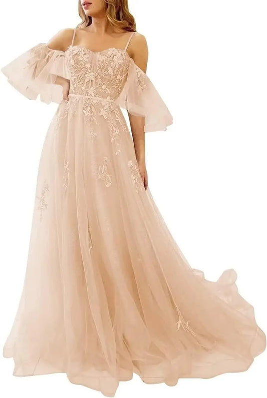 Vestidos de fiesta de tul con apliques de encaje y hombros descubiertos, mangas abullonadas, vestido de novia largo de corte A para mujer, vestidos de noche con escote en forma de corazón