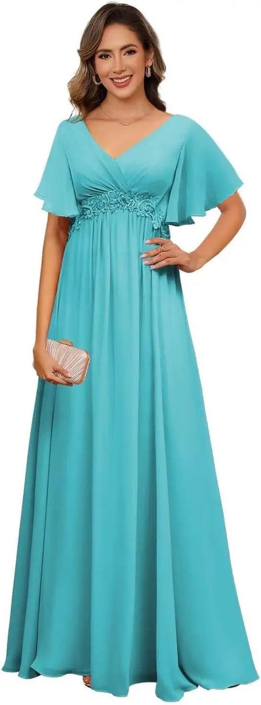 Vestidos de madre de la novia de talla grande, de manga corta, para mujeres con curvas, vestidos formales con cuello en V y bolsillos, vestidos de dama de honor.