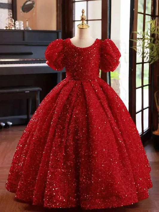 Communion Party Gowns Shining Red Flower Girl Dresses for Wedding Sequins short Sleeve Floor Length Princess Kids Birthday Party