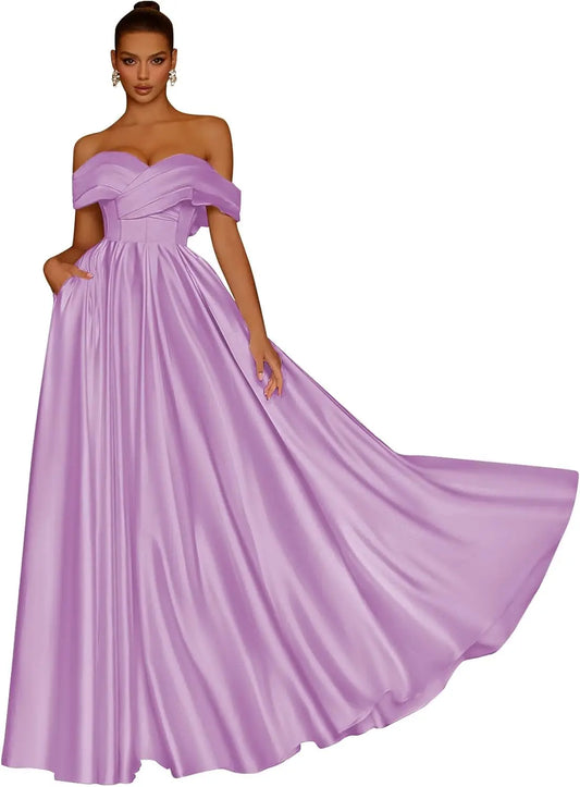 Vestidos de fiesta de satén con hombros descubiertos para mujer, vestidos de noche formales de corte A con escote en V largo y bolsillos.