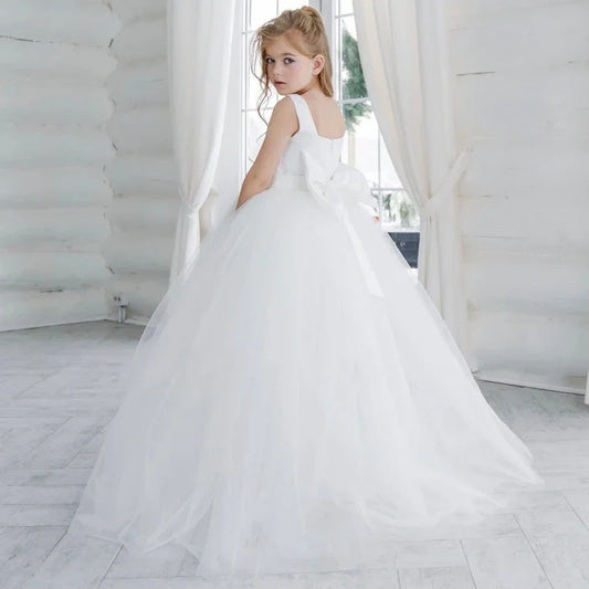 Vestido de niña de las flores personalizado, de tul blanco con lazo, sin mangas, para fiesta de cumpleaños, banquete, comunión, boda