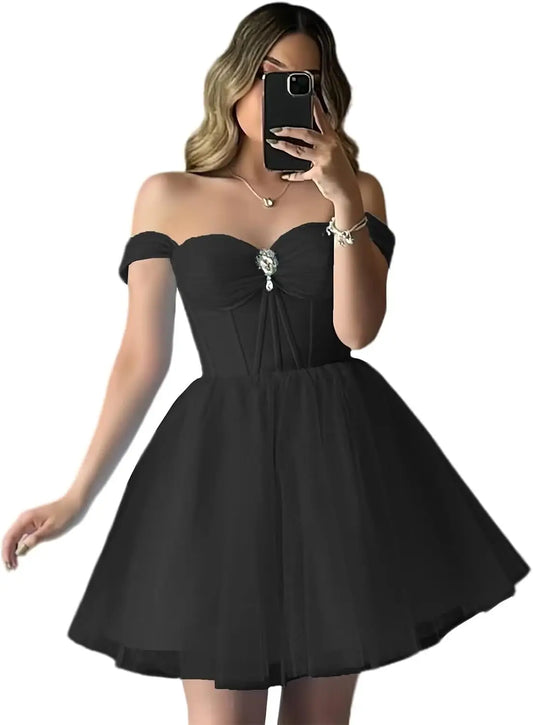Vestidos de fiesta de tul brillante con hombros descubiertos, vestidos de fiesta cortos para adolescentes, vestido de cóctel de corte A con escote en forma de corazón y vuelo.