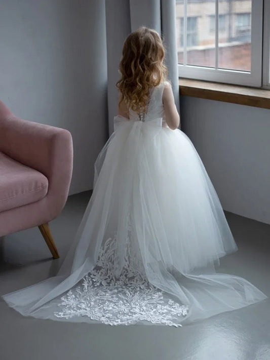 White Tulle Flory Appliques With Bow Sleeveless For Wedding Birthday Party Holy Communion Gowns Customized Flower Girl Dresses