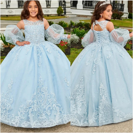 Vestido elegante de lentejuelas hasta el suelo para niña, fiesta de cumpleaños, primera comunión, apliques de encaje, vestidos de niña de las flores para boda