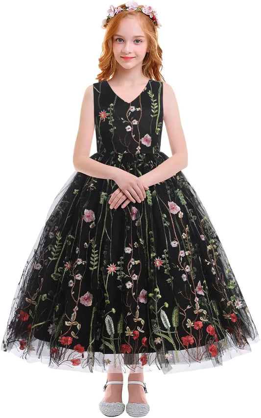 Floral Embroidered Tulle Dress Girls Sleeveless Birthday Wedding Pageant Party Formal Long Tutu Dresses princess dress