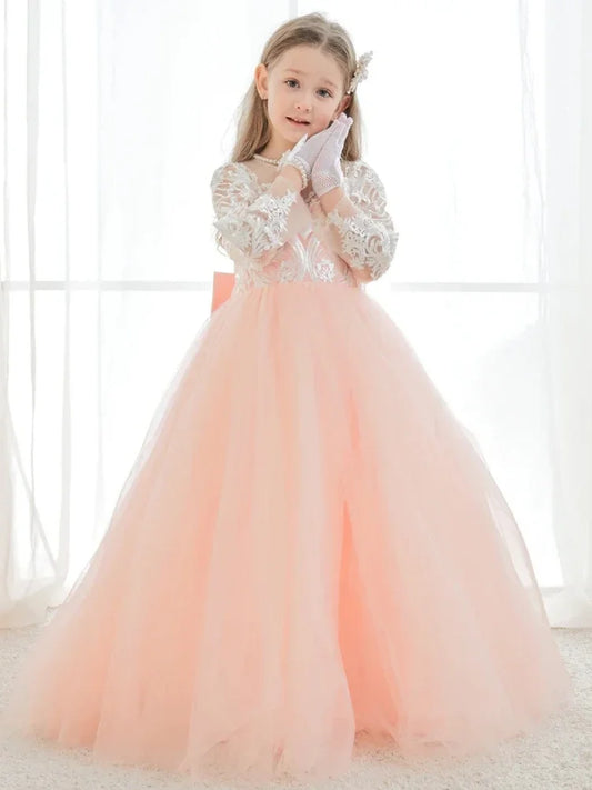 Vestidos de primera comunión para fiesta de cumpleaños, vestidos de niña de las flores de tul rosa, apliques blancos con cola y lazo, manga larga para boda