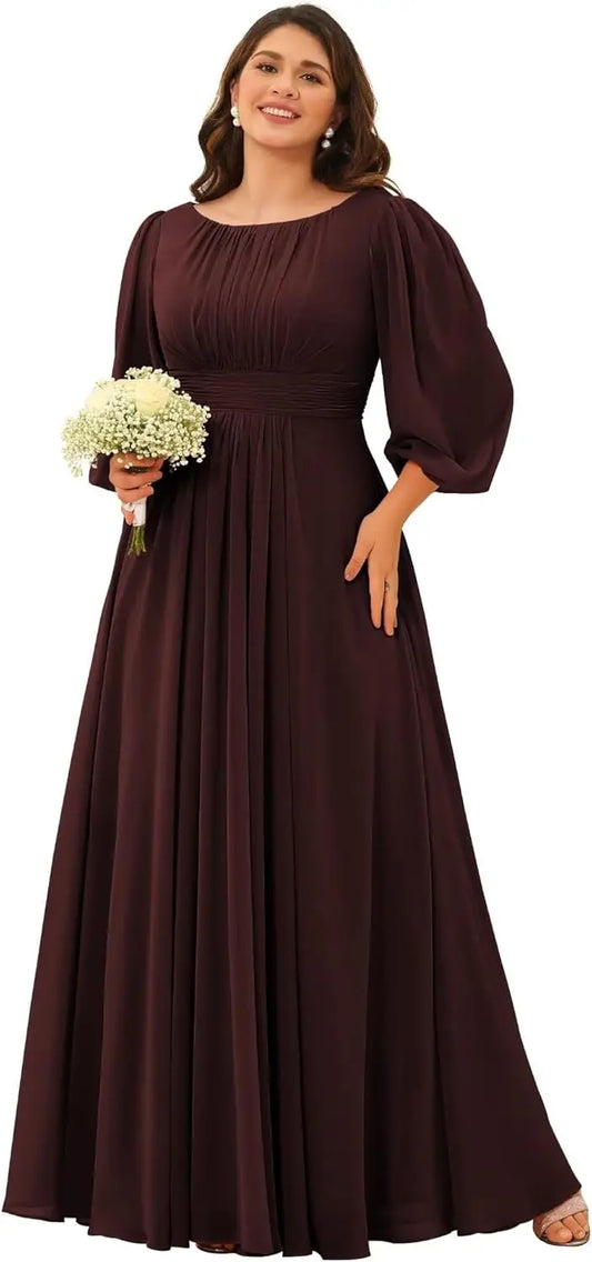 Chiffon-Brautjungfernkleider mit langen Ärmeln, U-Ausschnitt, plissiert, A-Linie, lange Abendkleider für Frauen in Übergröße, Hochzeitsgastkleid
