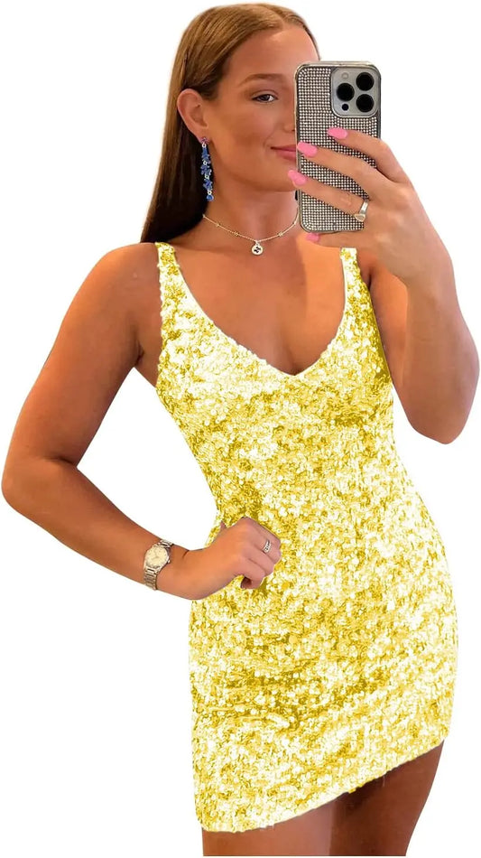 Vestidos cortos de lentejuelas para adolescentes (2025), cuello en V, brillantes, formales, para fiesta de graduación, cócteles, bailes de graduación.