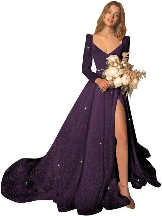 Vestidos de fiesta con purpurina, vestidos de novia sencillos de manga larga para novia, vestido de baile de princesa de corte A con abertura, vestido de novia sencillo