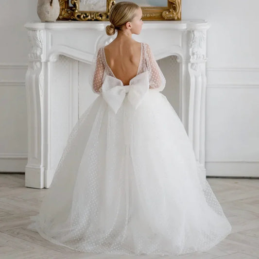 Birthday Banquet First Communion Gowns Flower Girl Dresses White Tulle Polka Dot Skirt With Bow Long Sleeve For Wedding