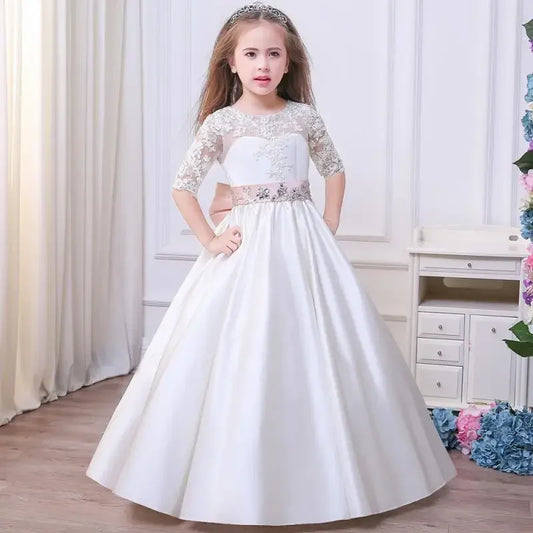 White Satin Appliques With Bow Jewels Belt Half Sleeve For Wedding Birthday Party First Communion Gowns Flower Girl Dresses