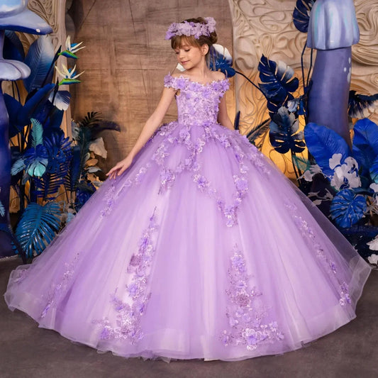 Banquet Princess Gowns Customized Flower Girl Dress Lavender Floral Embroidery Appliques Sleeveless For Wedding Birthday