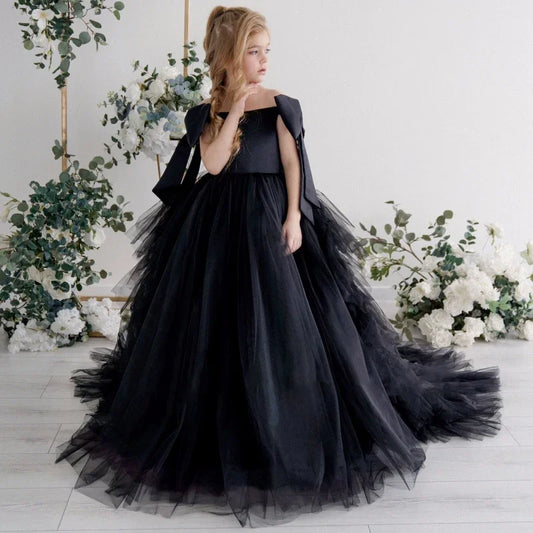 Vestidos de tul negro con lazo y cola, de manga corta, para bodas, fiestas de cumpleaños, banquetes, princesas, niñas de las flores.