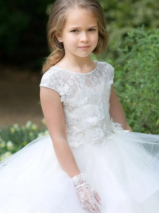 Birthday Pageant Holy Communion Gowns Flower Girl Dresses White Tulle Puffy Lace Appliques Tiered Hem Sleeveless For Weddings