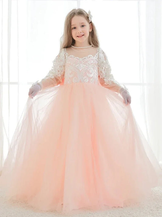 Vestidos de primera comunión para fiesta de cumpleaños, vestidos de niña de las flores de tul rosa, apliques blancos con cola y lazo, manga larga para boda