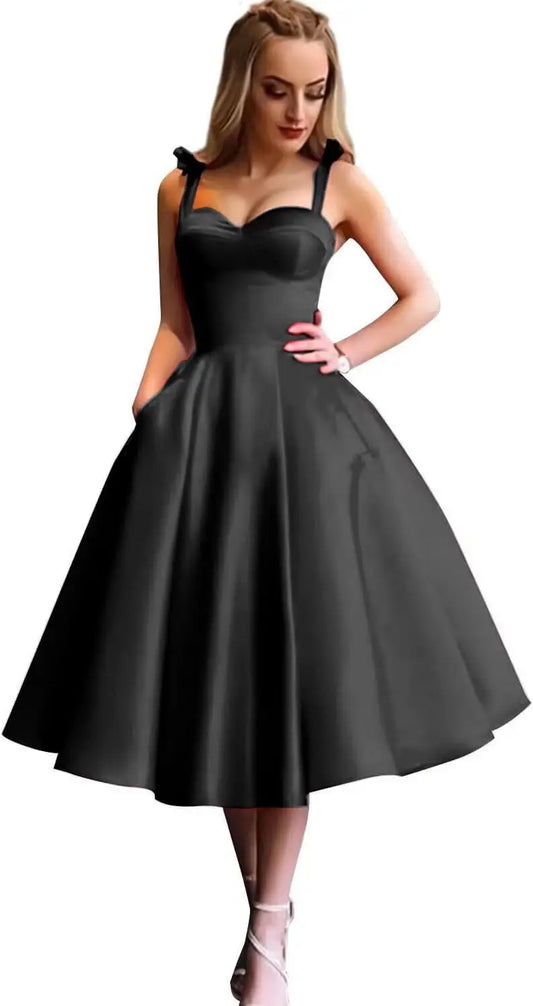 Vestido corto de satén con tirantes finos para mujer, para fiesta de graduación, regreso a casa, escote en forma de corazón, corte en A, vestido de cóctel con bolsillo