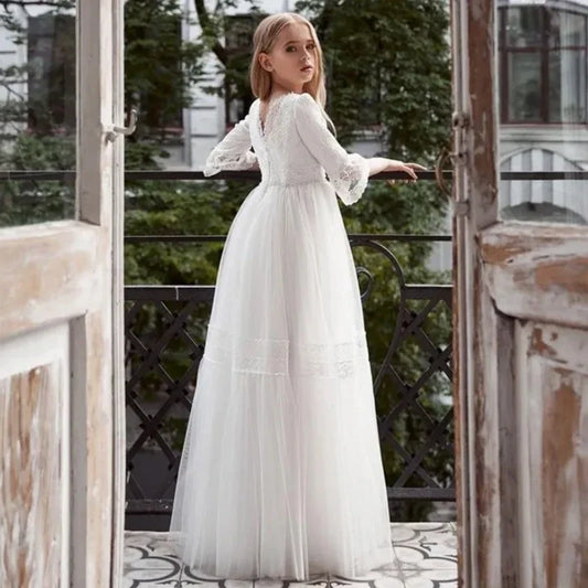 Apliques de encaje de tul blanco de media manga para bodas, fiestas de cumpleaños, banquetes, vestidos de princesa, vestidos bohemios personalizados para niñas de las flores