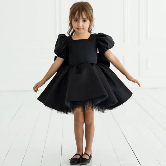 Vestidos de tul satinado negro con lazo, mangas cortas, para bodas, cumpleaños, graduaciones, comuniones, personalizados, para niñas de las flores.