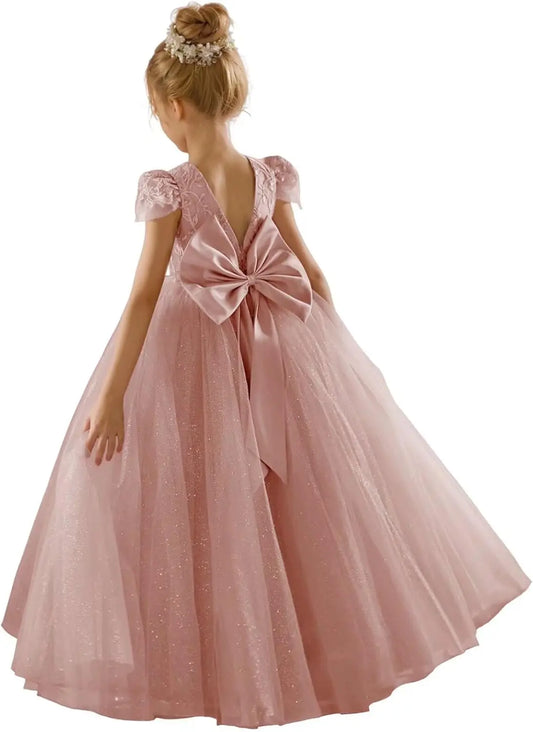 Flower Girls Dress Lace Cap Sleeve Dress for Wedding Puffy Tulle Back V-Neck Pageant Prom Ball Gown with Bow  for weddings Gowns
