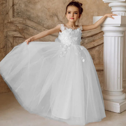 Apliques de flores blancas y rosas con lazo sin mangas para bodas, fiestas de cumpleaños, comuniones, vestidos personalizados para niñas de las flores.