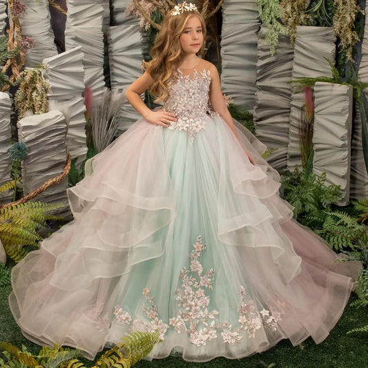 Abgestuft mit Blumenmuster mit Tailing Sleeveless für Hochzeit Geburtstag Bankett Prinzessin Kleider Customized Blumenmädchenkleider