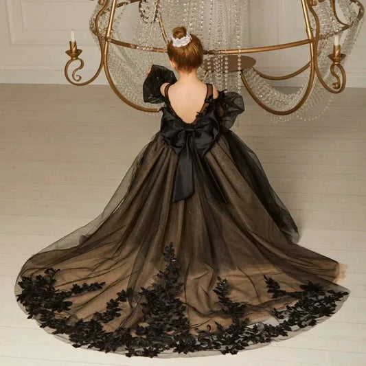 Vestidos de fiesta de primera comunión, vestido de princesa para niña de las flores para boda, apliques de encaje de tul, largo hasta el suelo, para bebés y niños, fiesta de cumpleaños