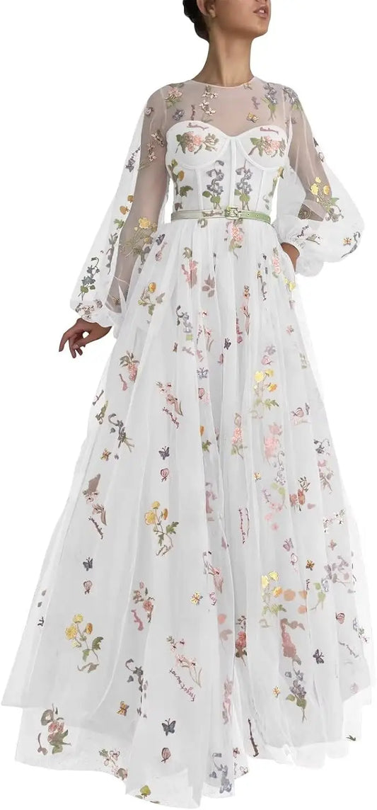 Damen Ballkleid mit Puffärmeln, Tüll, Blumenstickerei, lang, formelles Abendkleid mit Taschen