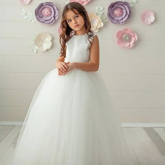 Vestidos de tul blanco satinado con escote de perla y lazo, sin mangas, para bodas, cumpleaños, fiestas, primera comunión, niñas de las flores