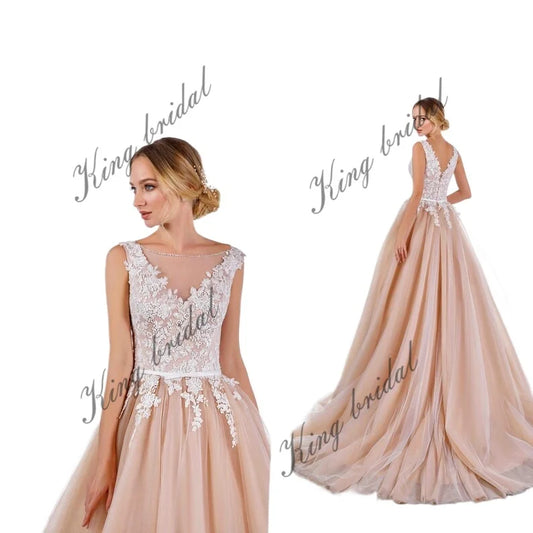 Vestido de novia de tul de corte A, vestido de novia de encaje, vestido de novia con corsé, vestidos de novia florales coloridos, vestidos de novia sencillos personalizados