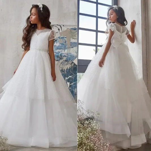 Short Sleeves Floor Length Birthday Party First Communion Gowns Customized White Flower Girl Dresses Pageant Gown for Wedding