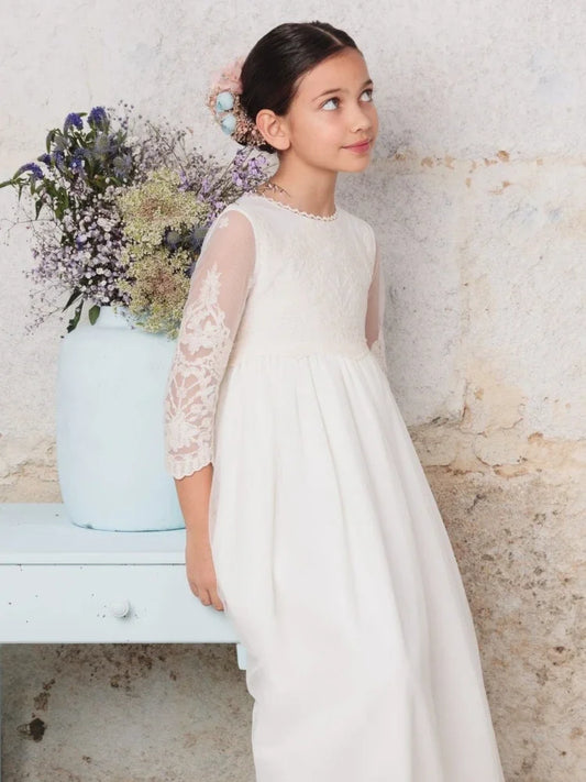 White Satin Lace Appliques With Bow 3/4 Sleeves For Wedding Birthday Party Banquet Princess Gowns Flower Girl Dresses