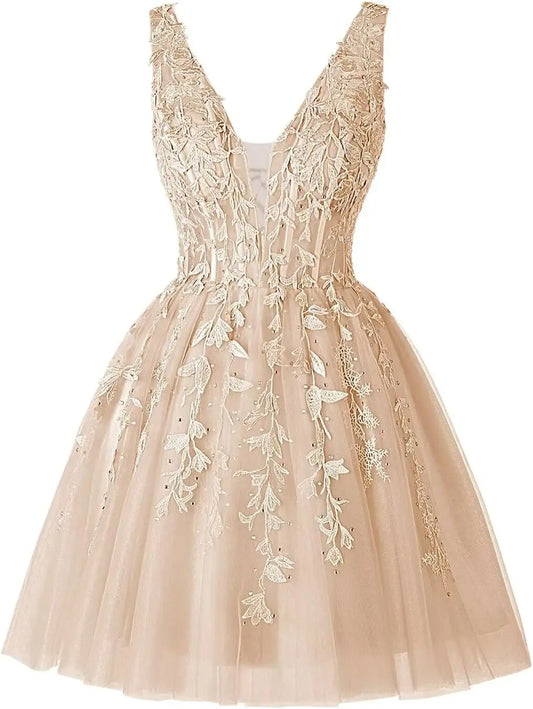 Vestidos cortos de fiesta con escote en V para adolescentes, de tul y encaje, para cóctel o fiesta.