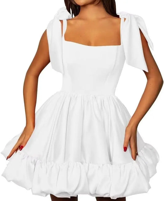 Vestido de fiesta formal sin mangas con tirantes abullonados, corte A, para adolescentes, de satén, corto, para cóctel y regreso a casa.