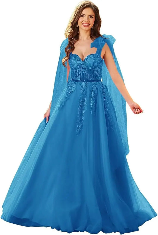 Vestidos de fiesta de tul con apliques de encaje para mujer, tirantes finos ajustables, vestidos de gala largos de corte A, vestidos de noche, vestidos de fiesta