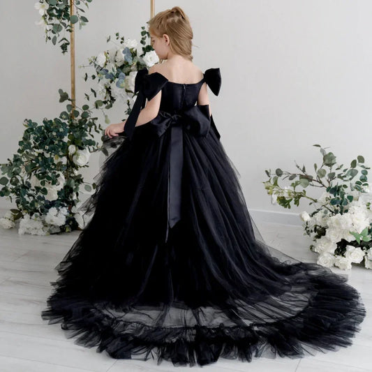 Vestidos de tul negro con lazo y cola, de manga corta, para bodas, fiestas de cumpleaños, banquetes, princesas, niñas de las flores.