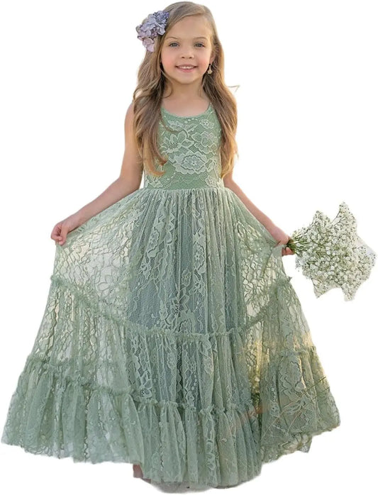 Blumenmädchenkleid Spitze Boho Kleinkindkleider Rüschen Mädchenkleid für Hochzeit Gartenparty Urlaub Kommunion Ärmellos Prinzessin