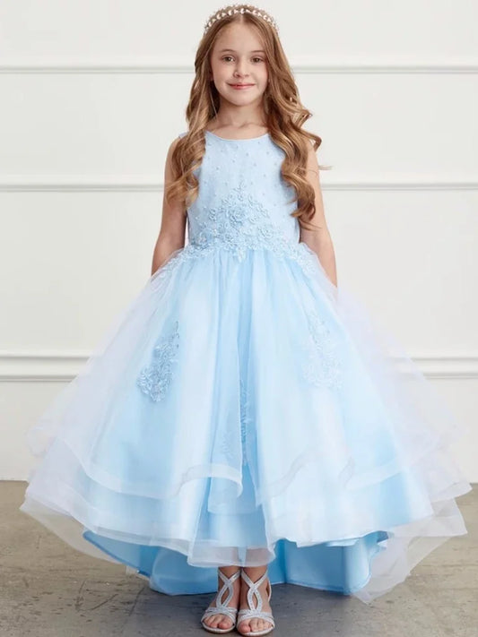 Vestidos de primera comunión para cumpleaños, vestidos de niña de las flores con apliques de flores de tul rosa y lazo, falda alta y baja sin mangas para boda