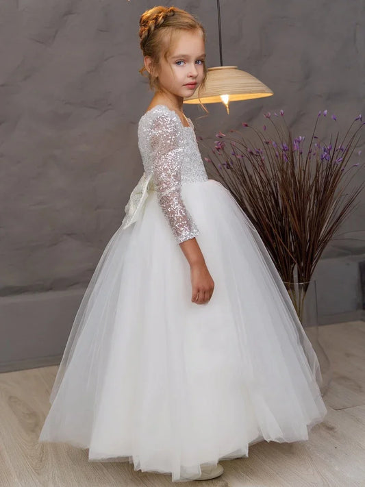 Vestido de niña de flores, vestido de tul blanco con lentejuelas y lazo, mangas largas para boda, cumpleaños, desfile, primera comunión.