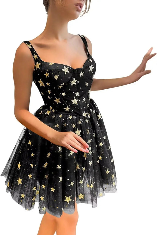 Funkelndes, sternenklares Tüll-Kurzkleid für Teenager, Glitzerstern-Mini-Ballkleid, formelles Abendkleid, Partykleid, Cocktailkleid