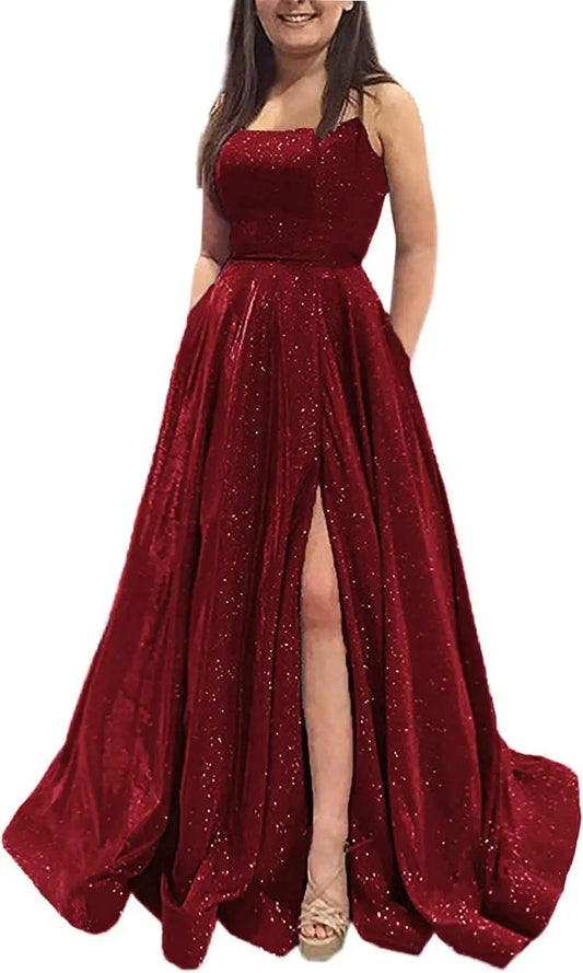 Vestidos de fiesta con purpurina para mujer, 2025, con tirantes finos abiertos, largos, formales, para noche, boda, fiesta, baile, con bolsillos