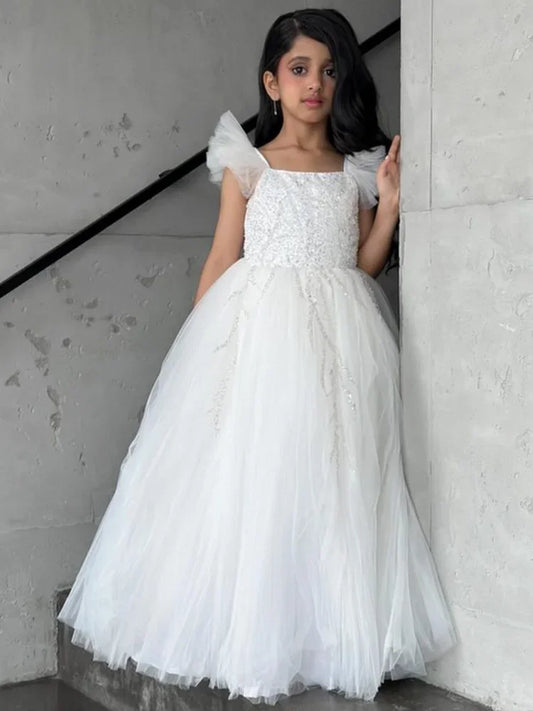 Vestidos de tul blanco con lentejuelas y flores sin mangas para bodas, fiestas de cumpleaños, comuniones y niñas de las flores.
