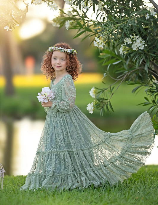 Pageant Gown for Wedding Lace Appliques Floor Length Birthday Party First Communion Gowns Customized Green Flower Girl Dresses