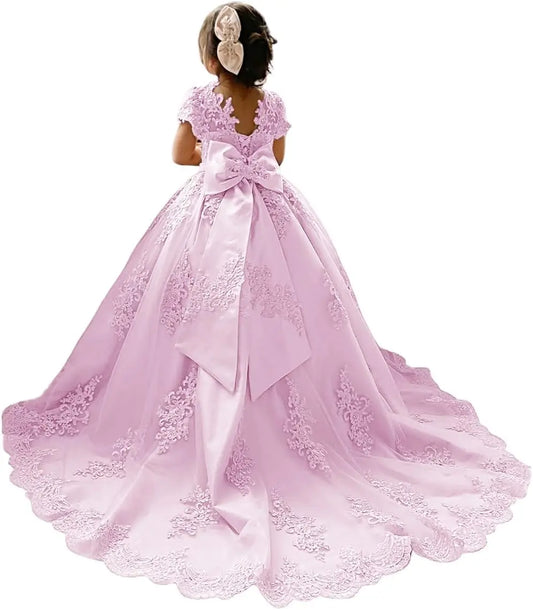 Vestido de niña de las flores para boda, apliques de tul, vestidos de desfile, mangas cortas, vestido de baile para niñas con lazo, vestido de princesa