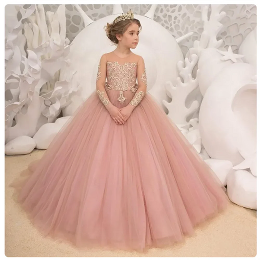 Vestido de princesa con mangas largas y apliques para bodas, de 2 a 14 años, personalizado, sencillo, para niñas de las flores.