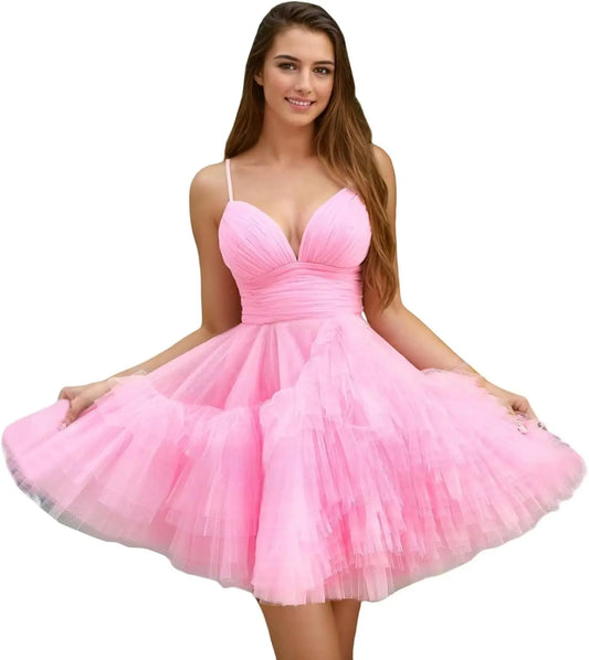 Vestidos de fiesta de moda con gradas y volantes de tul minivestidos elegantes con cuello en V vestidos cortos de fiesta vestido de graduación