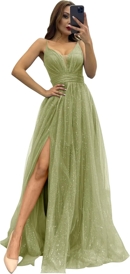 2025 Sparkly Tulle Formal Prom Dress Pleated A-Line Ball Gown with Spaghetti Straps Slit for Women Evening Dresses